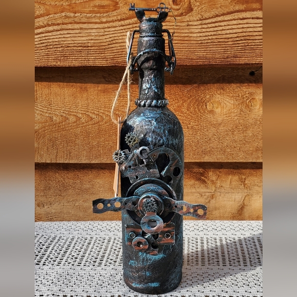 Steampunk Mixed Media Bottle Art - Picture 2 of 9